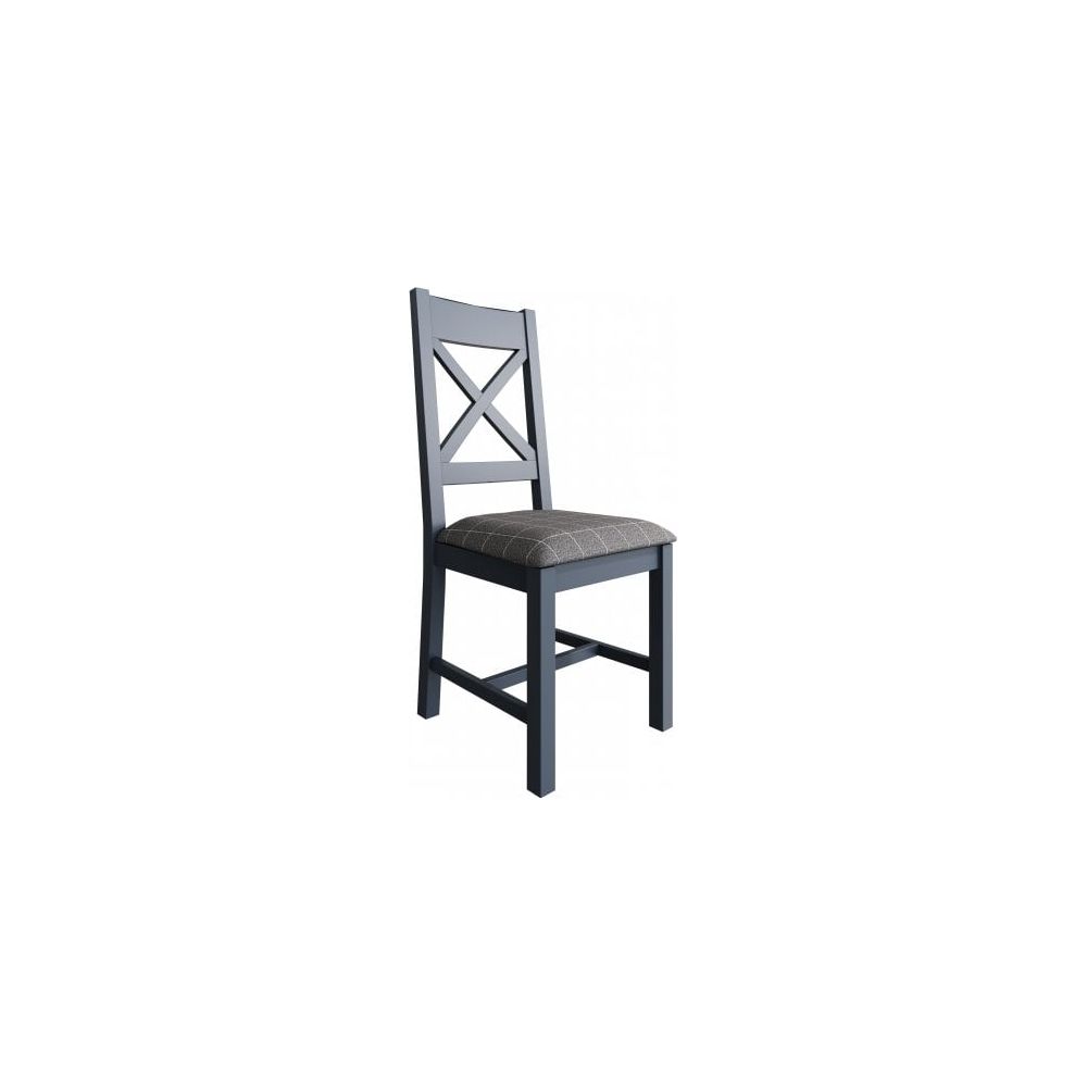 Blue Painted Crossback Chair with Fabric Seat in Check Grey / A Grade